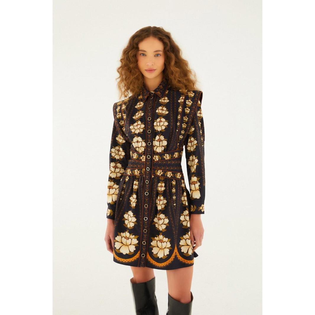 New, Farm Rio Black Bold Flowers Long Sleeve Mini Dress Sz M #Md1516